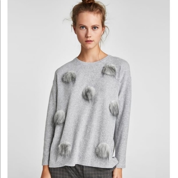 Zara Faux Fur Polka Dot Gray Sweater - Picture 1 of 10